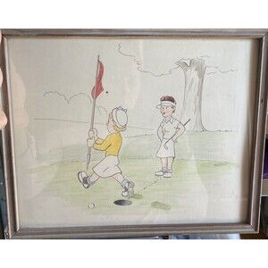Original 50s Golf Art Drawing Cartoon Signed Goodrich Original Women In Golf